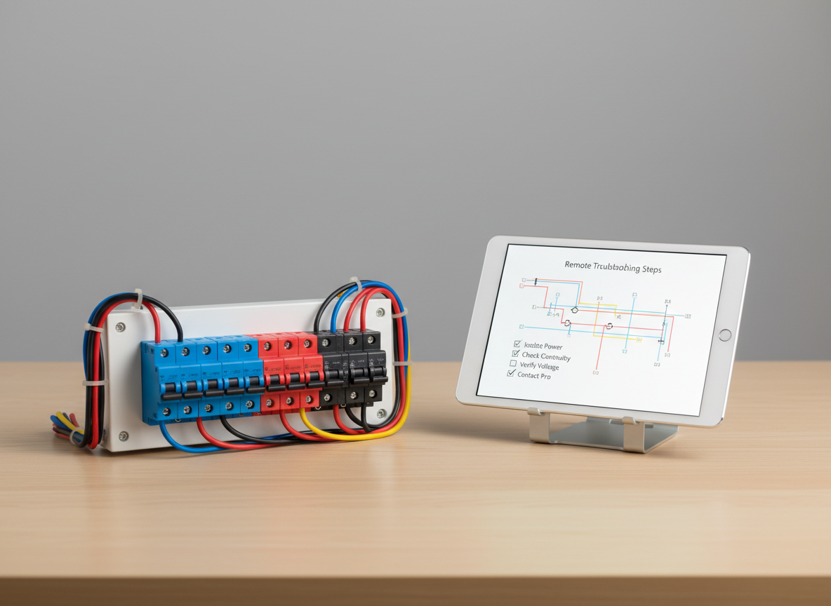 A detailed tabletop setup showing a compact home electrical board mock-up: miniature breakers aligned on a clean white panel, color-coded wires clipped securely, and a tablet propped on a minimalist stand displaying a clear wiring diagram and checklists. The surface is a light oak laminate, flawlessly clean, set against a neutral gray background. Soft overhead studio lighting and a subtle side fill create gentle reflections on the tablet glass and distinct but soft shadows around components. The mood is educational, controlled, and highly professional, perfectly suited for explaining remote electrical troubleshooting. Photographic realism, shot from a slightly elevated angle with shallow depth of field, placing the panel and tablet in sharp focus while the back edge of the table gracefully blurs.