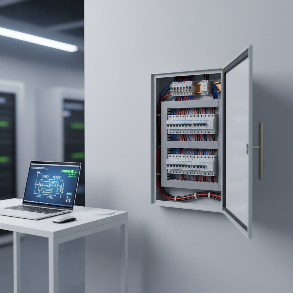 A modern white electrical distribution panel with its metallic door partially open, revealing neatly arranged breakers, labeled circuits, and pristine copper wiring, mounted on a smooth light-gray wall. Nearby, a sleek laptop rests on a compact workbench, its screen showing a clear schematic and green diagnostic indicators. Cool, even studio lighting illuminates every detail, creating faint, precise shadows that emphasize order and reliability. The atmosphere is professional and reassuring, evoking controlled expertise and remote problem-solving. Captured at eye level with a slight three-quarter angle, sharp focus throughout, in clean photographic realism, with a minimalist, uncluttered background to suit a professional online electrical troubleshooting service.