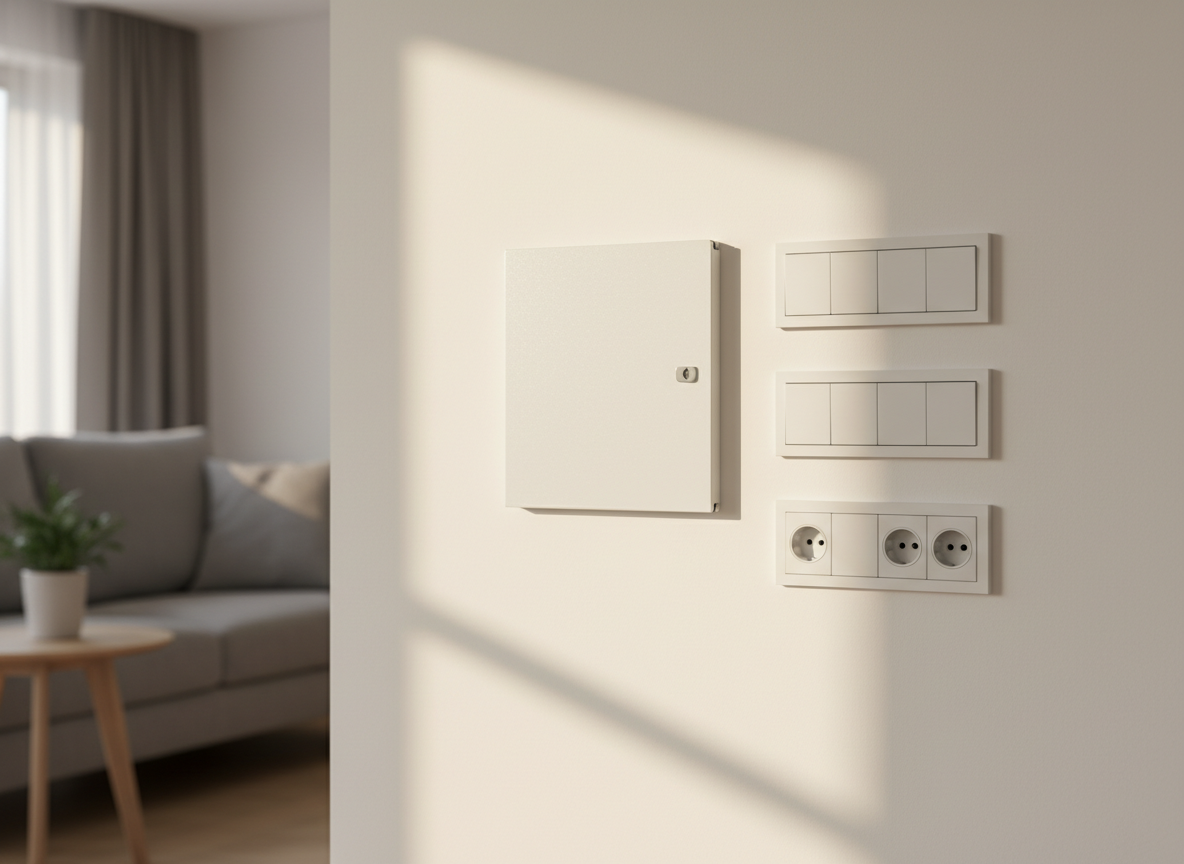 A contemporary living room corner featuring a modern electrical panel, a set of wall switches, and a double power outlet, all aligned perfectly on a smooth, light-colored wall. The switches and outlets have sleek, flat white plates with subtle beveled edges, looking recently installed and well-maintained. Warm, diffused daylight enters from an unseen window to the left, casting soft, elongated shadows and a gentle glow on the surfaces. The mood is safe, comfortable, and under control, ideal for illustrating remote electrical assistance. Photographic realism, captured at eye level using the rule of thirds, with a moderate depth of field keeping all electrical elements sharp while the distant background gently softens.